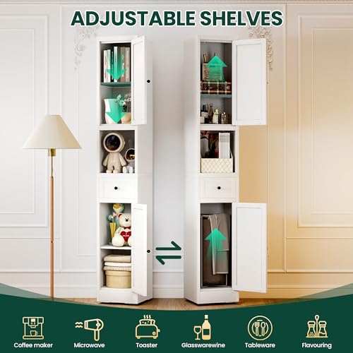 Tall Metal Bathroom Cabinet, 71" Tall Slim Freestanding Locker with 2 Door & 1 Drawer, Narrow Storage Cabinet with Adjustable Shelves, for Small Spaces, Bathroom, Living Room, Modern - White - color: White