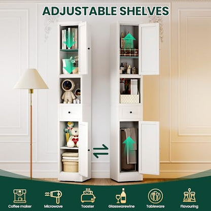 Tall Metal Bathroom Cabinet, 71" Tall Slim Freestanding Locker with 2 Door & 1 Drawer, Narrow Storage Cabinet with Adjustable Shelves, for Small Spaces, Bathroom, Living Room, Modern - White - color: White