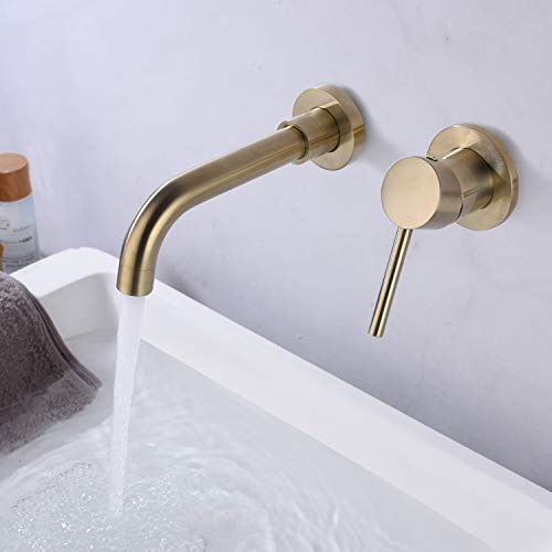 Sumerain Wall Mount Bathroom Faucet Brushed Gold,Single Handle with Brass Rough-in Valve - color: Brushed Gold, size: Right-Handed