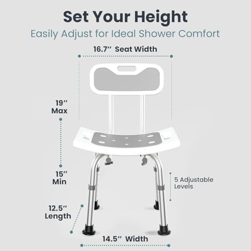 Pelegon Shower Chair for Inside Shower, Shower Bench with Back, Adjustable 15-19 in Height, Non-Slip Feet, Rust-Resistant Aluminum Bath Seat for Elderly and Disabled, 300 lb Capacity - Grey - color: Grey