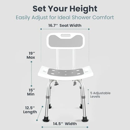 Pelegon Shower Chair for Inside Shower, Shower Bench with Back, Adjustable 15-19 in Height, Non-Slip Feet, Rust-Resistant Aluminum Bath Seat for Elderly and Disabled, 300 lb Capacity - Grey - color: Grey