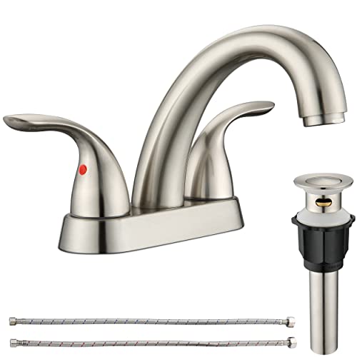2 Handle Bathroom Sink Faucet, with Pop up Drain & Supply Lines, 4 Inch Centerset Brushed Nickel Faucet for Lavatory Bathroom Sink, Professional Modern Vessel Deck Mount Vanity rv Faucet | 4 Inch Centerset Faucet for Lavatory Bathroom Sink, Professional M