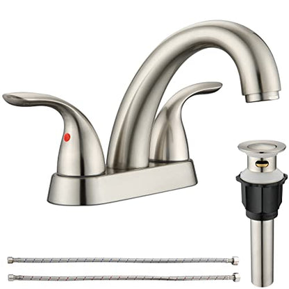 2 Handle Bathroom Sink Faucet, with Pop up Drain & Supply Lines, 4 Inch Centerset Brushed Nickel Faucet for Lavatory Bathroom Sink, Professional Modern Vessel Deck Mount Vanity rv Faucet | 4 Inch Centerset Faucet for Lavatory Bathroom Sink, Professional M