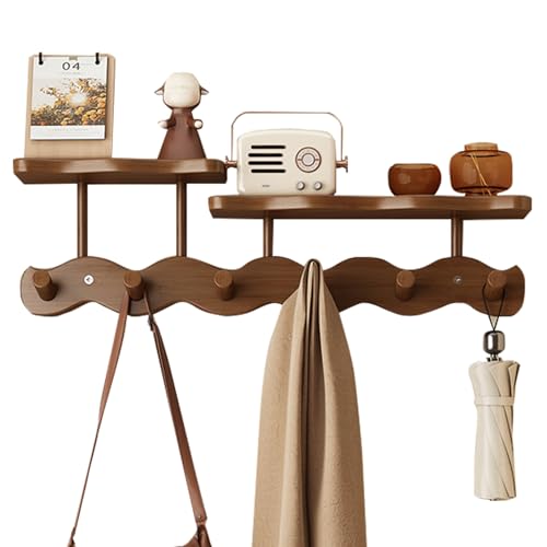 Wall-Mounted Coat Rack with Shelf, Wooden Coat Hanger with 6 Sturdy Hooks, Drill-Mounted Design for Hanging Clothes, Hats, Towels, Bags, and Robes (Brown) - color: Brown