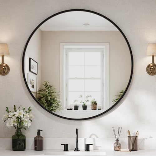 USHOWER 42 Inch Round Bathroom Mirrors for Over Sink | Circle Mirror with Metal Frame, Black Wall Mirror for Vanity, Entryway, Living Room, Hallway and Bedroom Decor - color: Black, size: 42"L x 42"W