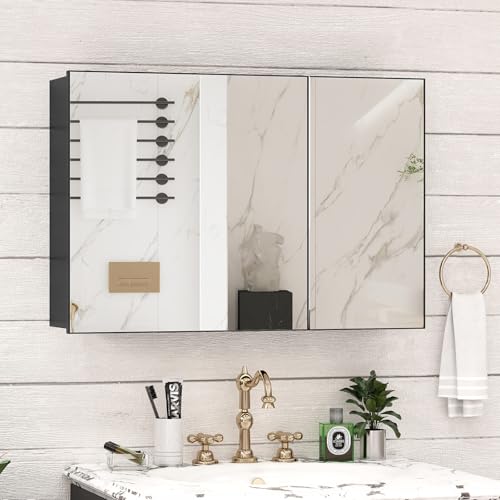36 x 24 Farmhouse Medicine Cabinet, Tempered Frameless Bathroom Mirror with Storage, Black Recessed or Surface Mount Aluminum Medicine Cabinet for Bathroom Modern - color: Black, size: 36 x 24 IN