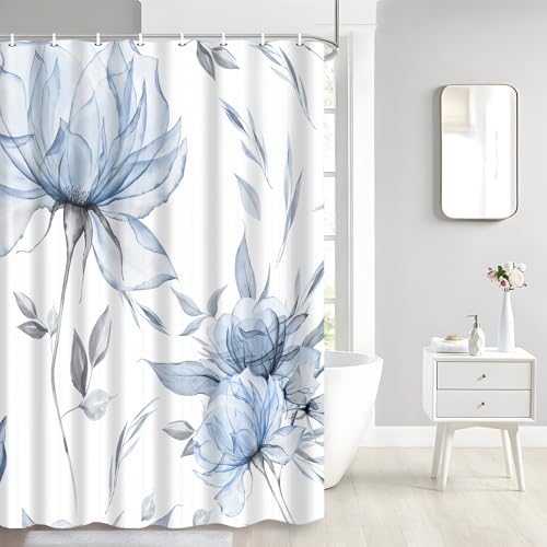 Blue Grey Watercolor Floral Shower Curtain, Flower Leaves Minimalist Aesthetic Art Shower Curtains for Bathroom Sets Decor, Waterproof Polyester Cloth Fabric with 12 Hooks,47x64 Inch - color: Blue, size: 47"W x 64"L (Pack of 1)