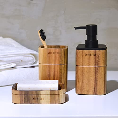 Bathroom Accessories Set 3 Piece Bath Ensemble Includes Soap Dispenser, Bathroom Tumbler, Soap Dish Accessories for Decorative Countertop and Housewarming Gift,Acacia Wood - style: Acacia Wood