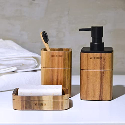 Bathroom Accessories Set 3 Piece Bath Ensemble Includes Soap Dispenser, Bathroom Tumbler, Soap Dish Accessories for Decorative Countertop and Housewarming Gift,Acacia Wood - style: Acacia Wood