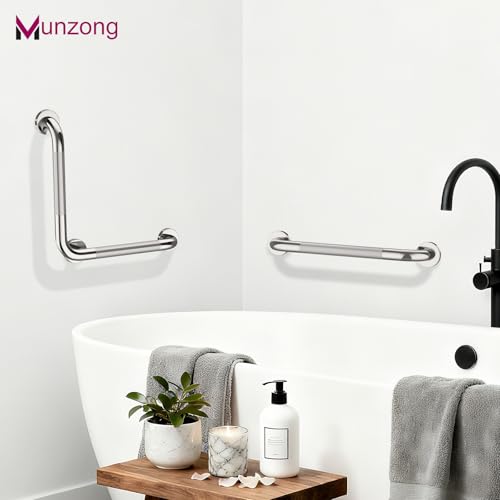 16x16 Inch Angled Bathroom Grab Bar, Munzong Brushed Nickel Toilet Rail | Toilet Handicap Grab Rail for Showers Anti Slip Stainless Steel Knurled Safety Handle Support Elderly Injury Senior - color: Chrome