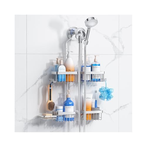 Sewulidon Aluminum Alloy Hanging Shower Caddy for Handheld Shower Heads,Rustproof Hose Shower Organizer 4 Levels Height Adjustable Shower Rack with Hooks,Razor Holder,Soap Holder - color: Aluminum Silver