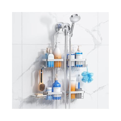 Sewulidon Aluminum Alloy Hanging Shower Caddy for Handheld Shower Heads,Rustproof Hose Shower Organizer 4 Levels Height Adjustable Shower Rack with Hooks,Razor Holder,Soap Holder - color: Aluminum Silver