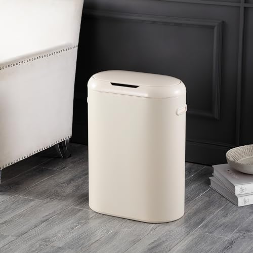 happimess 13.2 Gal Oval Motion Sensor Trash Can, Limestone Beige | Oval, Motion Sensor, Touch Mode, Soft Close Lid, Powder Coated Iron, 17.7" W x 9.84" D x 24.2" H - color: Limestone Beige