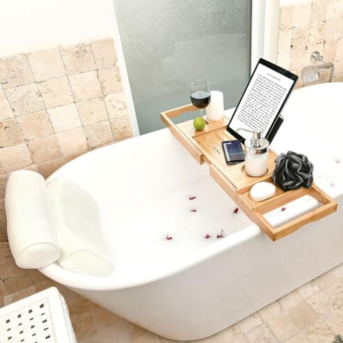 Bath Pillow and Bathtub Tray Set for Tub | Luxurious, Relaxing Home Spa Accessories with Bath Tub Pillows for Head and Neck, Foldable Bath Tray Caddy Organizer | Relaxation Gifts for Women Self Care - style: Bath Pillow and Tray