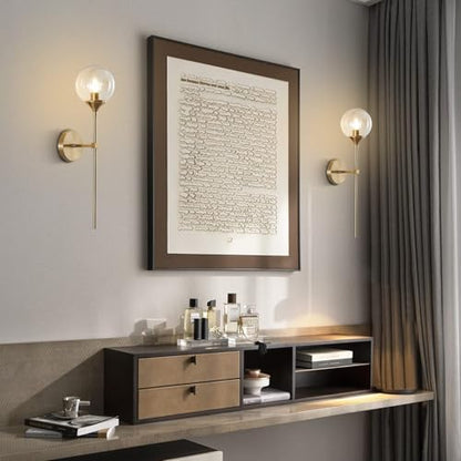 KCO 2 Pack Modern Brass Gold Amber Glass Globe Wall Sconce with Long Rod | E26 Base, Up/Down Mounted, Hardwired Mid Century Wall Light Fixture for Bedroom Reading Bathroom Vanity Hallway Living Room - color: Amber