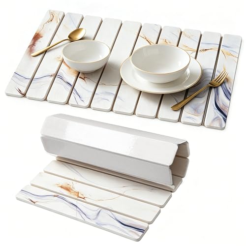Stone Drying Mat for Kitchen Counter, Quick Diatomaceous Earth Mats for Dishes, 24"L x 16" W Super Absorbent Fast-Drying Collapsible Countertop Stone Mat (Marble White-05, 24" x 16") - color: Marble White-05