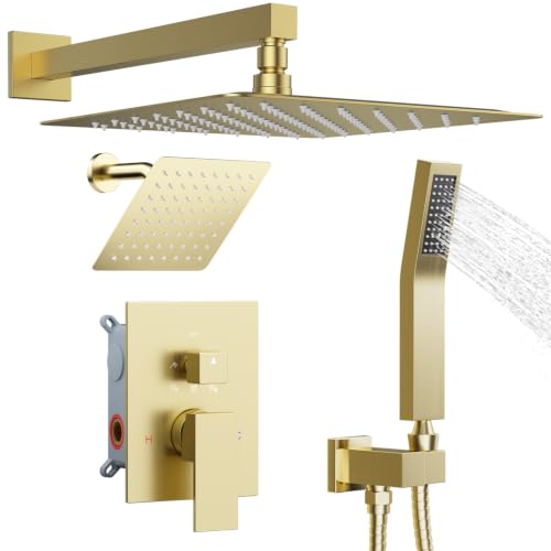 STARBATH Shower Faucet Set Shower System with Diverter Valve, Brushed Gold | 12 Inch Rain Shower Head, 6 Inch Wall Mount Shower Head and Handheld Spray for Two Person, Luxury Shower Sets Complete - color: Gold, size: 12"+6"-01