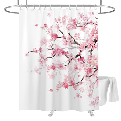 Pink Floral Shower Curtain, Japanese, 12 Hooks, 72" W x 72" L | Sakura Watercolor Pattern, Elegant Cherry Blossom Art, Romantic Nature Style, Cute Girly Aesthetic, Standard Bathroom Decor - color: Pink White, size: 72"W x 72"L (Pack of 1)