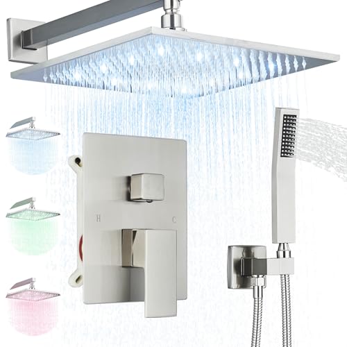 Brushed Nickle Shower System 12 Inch LED Rainfall Shower Head Brass Handheld Combo Set Bathroom Rain Shower Mixer Shower Rough-in Valve Body and Trim Included