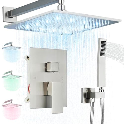 Brushed Nickle Shower System 12 Inch LED Rainfall Shower Head Brass Handheld Combo Set Bathroom Rain Shower Mixer Shower Rough-in Valve Body and Trim Included