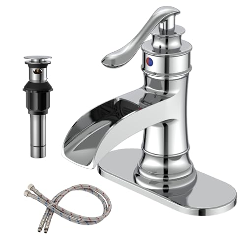 BWE Brass Chrome Waterfall Bathroom Faucet for Modern Powder Room | Wide Waterfall Spout, Ceramic Cartridge, Fits 1 or 3-Hole Sink, Single Handle, Hardware Kit Included, Not for Vessel Sink - color: Chrome