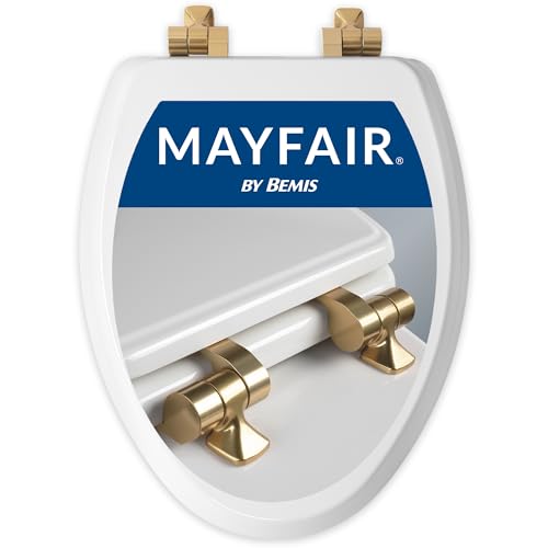 Mayfair Bennett Toilet Seat with Brushed Gold Hinges, Slow Close Wood Seat, Secure Metal Hinges, Easy Install, Made in USA, Elongated, White - color: Gold, size: Elongated