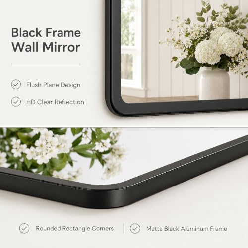 pertetey 28 x 36 in Rounded Rectangle Bathroom Mirror, Black Metal Frame | Black Metal Frame, Rounded Rectangle Design, Tempered Glass, Wall Mounted - size: 28"L x 36"W
