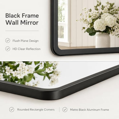 pertetey 60 x 36 in Rounded Rectangle Bathroom Mirror, Black Metal Frame | Black Metal Frame, Rounded Rectangle Design, Tempered Glass, Wall Mounted - size: 60"L x 36"W