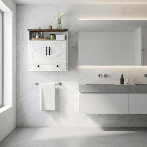 Bathroom Cabinet with Double Barn Doors – Wall Mounted Medicine Cabinet over Toilet with Adjustable Shelf & Drawer, 25" Wide Hangging Storage Cabinet for Bathroom, Kitchen, Laundry, Entryway White - color: White