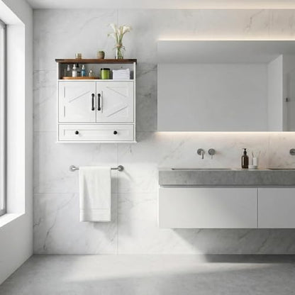 Bathroom Cabinet with Double Barn Doors – Wall Mounted Medicine Cabinet over Toilet with Adjustable Shelf & Drawer, 25" Wide Hangging Storage Cabinet for Bathroom, Kitchen, Laundry, Entryway White - color: White