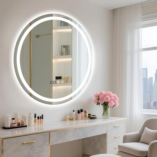 24" Round LED Bathroom Mirror with Anti-Fog & Touch Switch - 60x60cm Wall-Mounted Makeup Vanity Mirror, No Drilling Required, Smart Display Bathroom Mirror - size: 24"L x 24"W
