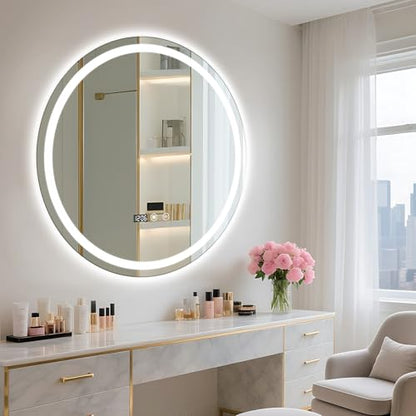 24" Round LED Bathroom Mirror with Anti-Fog & Touch Switch - 60x60cm Wall-Mounted Makeup Vanity Mirror, No Drilling Required, Smart Display Bathroom Mirror - size: 24"L x 24"W
