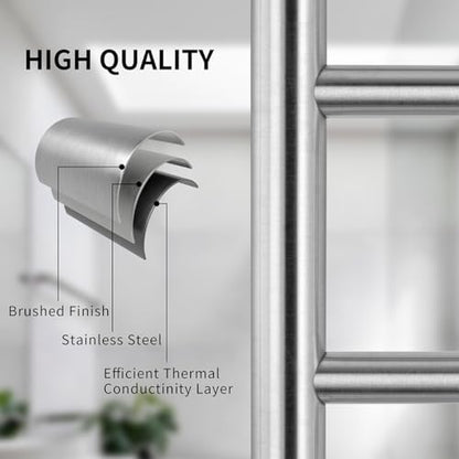 12-Bar Brushed Wall-Mounted Towel Warmer, Plug/Hardwired, 3 Timers | 12 Bars, can be surface-mounted or flush-mounted, with wiring/cable exit available on either the right or left side - color: Brushed