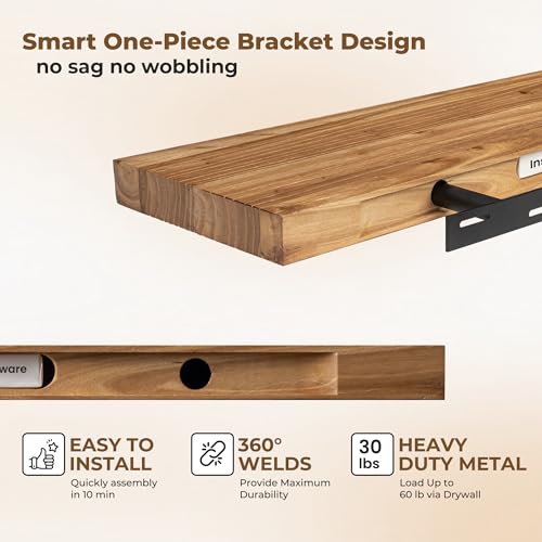 Floating Shelves for Wall, 48in Reclaimed Elm Wood Shelves, Natural | 8" Deep Wall Shelf, Invisible Bracket, Large Long Wall Shelves, Living Room, Bedroom, Kitchen, Bathroom - color: Natural Flat Edge, size: 48 inches - 1P