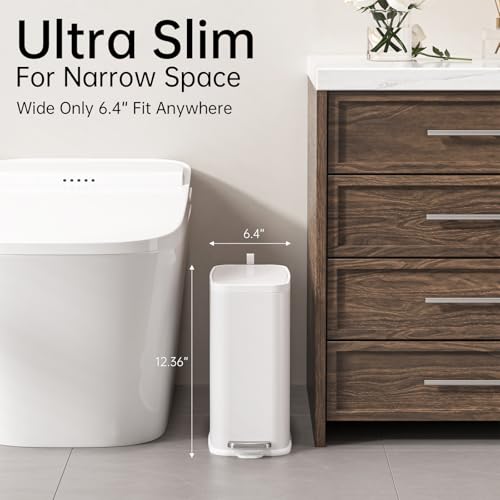 1.6 Gal Small Bathroom Trash Can with Lid, Step Pedal, Slim White | Stainless Steel Wastebasket, Soft Close Lid, Easy Clean Removable Inner Bucket, Odor Control, Includes 60 Trash Bags - color: White