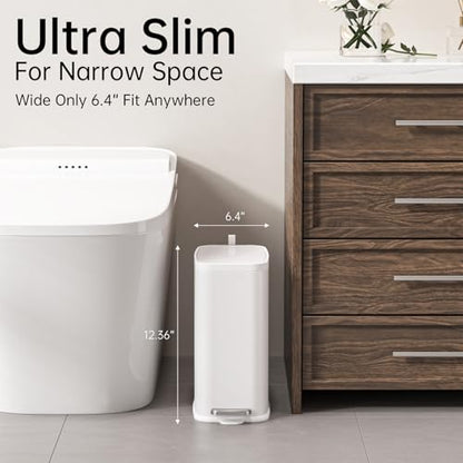 1.6 Gal Small Bathroom Trash Can with Lid, Step Pedal, Slim White | Stainless Steel Wastebasket, Soft Close Lid, Easy Clean Removable Inner Bucket, Odor Control, Includes 60 Trash Bags - color: White