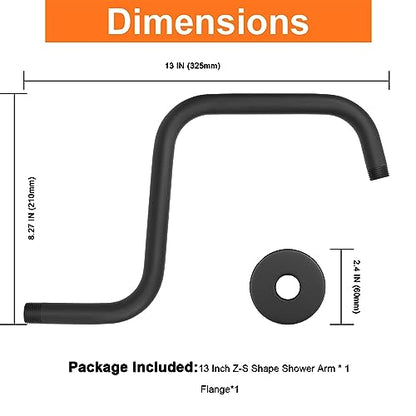 S Shaped Shower Arm, High Rise Shower Head Extension Pipe Standard 1/2" Connection with Flange, Awesome Shower Experience-Stainless Steel Bathroom Accessory(13 Inch Z-S Shape, Matte Black) - color: Matte Black, style: 13" Z Shape