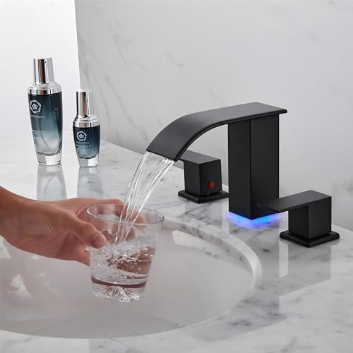 Bathroom Faucet 3 Hole, Matte Black Waterfall Bathroom Faucets, 8 Inch Widespread Modern Bathroom Sink Faucet & Parts, Wide Spread Touch On Three Hole 2 Handle Bathroom Vanity Faucet - color: Matte Black
