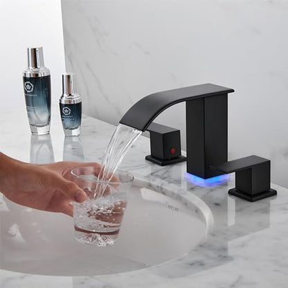 Bathroom Faucet 3 Hole, Matte Black Waterfall Bathroom Faucets, 8 Inch Widespread Modern Bathroom Sink Faucet & Parts, Wide Spread Touch On Three Hole 2 Handle Bathroom Vanity Faucet - color: Matte Black