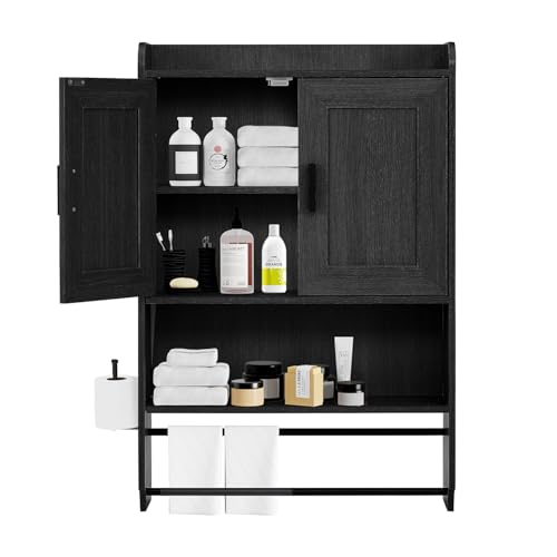 Bathroom Wall Cabinet, Wooden Medicine Cabinet Over the Toilet with Adjustable Inner Shelf, Wall Mounted Cabinet with Doors for Bathroom Storage, Hanging Cabinet for Wall with Towels Bar (Black) - color: Black
