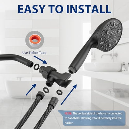 High Pressure 10 Setting Handheld Shower Head, 5" Detachable Showerhead Spray Built-in Power Wash to Clean Tub, Tile & Pets, 79" Extra Long Stainless Steel Hose, Adjustable Bracket - Matte Black - color: Black