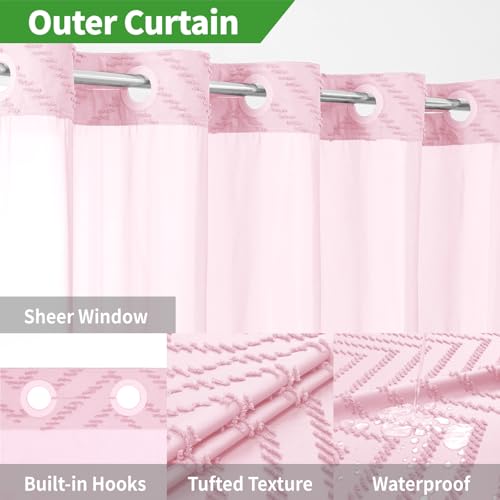 eachope No Hook Boho Farmhouse Shower Curtain with Snap-in Fabric Liner set-71Wx74H(72H),Pink Tufted Chevron Striped Hotel Grade Cloth Shower Curtains for Bathroom with Window,Water Repellent - color: Pink, size: 71"W x 74"L (Pack of 1)
