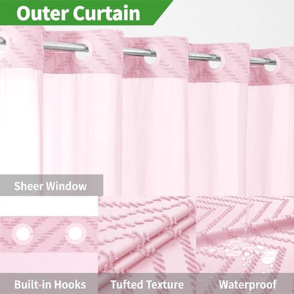 eachope No Hook Boho Farmhouse Shower Curtain with Snap-in Fabric Liner set-71Wx74H(72H),Pink Tufted Chevron Striped Hotel Grade Cloth Shower Curtains for Bathroom with Window,Water Repellent - color: Pink, size: 71"W x 74"L (Pack of 1)