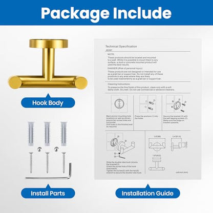 Shower Towel Hook, Wall Mount Robe Hook Holder, Brushed Gold | Stainless Steel Material, Double Hooks Design, Rust-Resistant, Strong Load-bearing Capacity - color: Brushed Gold