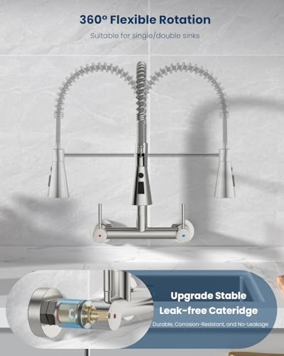 Wall Mount Kitchen Faucet 2 Handles, 8 Inch Center Wall Commercial Utility Sink Faucet with Pull Out Sprayer 3 Modes, Stainless Steel, Brushed Nickel - color: 2-Handle-Nickel, style: Wall Mount