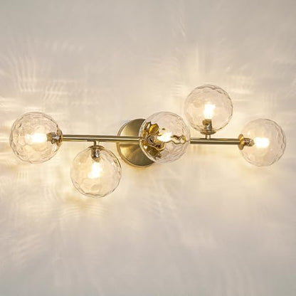 5 Lights Bathroom Vanity Light,Brushed Gold Globe Bathroom Light Fixtures | Hammered Clear Glass Wall Sconce Lighting,Mid Century Modern Brass Bubble Glass Bathroom Vanity Lights over Mirror,G9 Base - color: Gold Hammered Glass, size: G9 Base