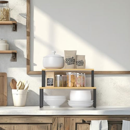 NEX Kitchen Cabinet and Counter Shelf Organizer, Stackable & Expandable, Set of 4, Black and Natural - 7.7 x 15.6 x 6.2'' - color: Black + Natural Beige, size: 15.6''W