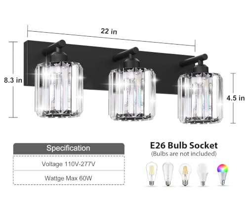 Black Crystal Bathroom Vanity Light, 3-Light Modern Bathroom Lighting Fixtures Over Mirror, Matte Black Wall Sconce Light Fixtures with Round Shade - color: Black-Round Shade, size: 3-LIGHT