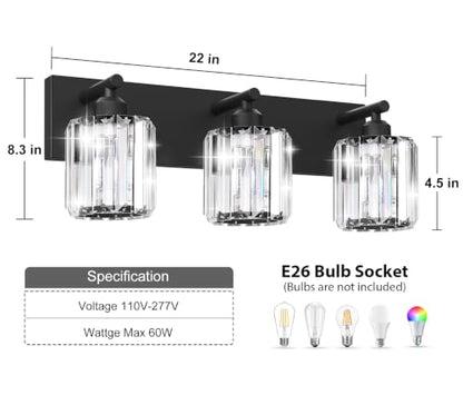 Black Crystal Bathroom Vanity Light, 3-Light Modern Bathroom Lighting Fixtures Over Mirror, Matte Black Wall Sconce Light Fixtures with Round Shade - color: Black-Round Shade, size: 3-LIGHT
