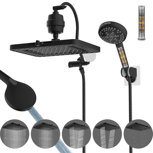 Hibbent 13'' Filtered Shower Head with 10-Spray Handheld, Matte Black | 5 Modes Rainfall Shower Head, High Pressure Showerhead Combo, 20 Stage Shower Filter, 12'' Extension Arm, 71'' Hose & Holder - color: Matte Black, style: Square 13'' with Filter